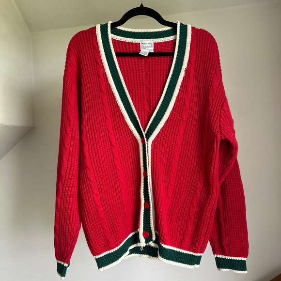 Vintage Red and Green Cable Knit Cardigan Grandpa Sweater Holiday Christmas - Picture 1 of 9
